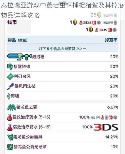 泰拉瑞亚游戏中蘑菇虫饵捕捉猪鲨及其掉落物品详解攻略