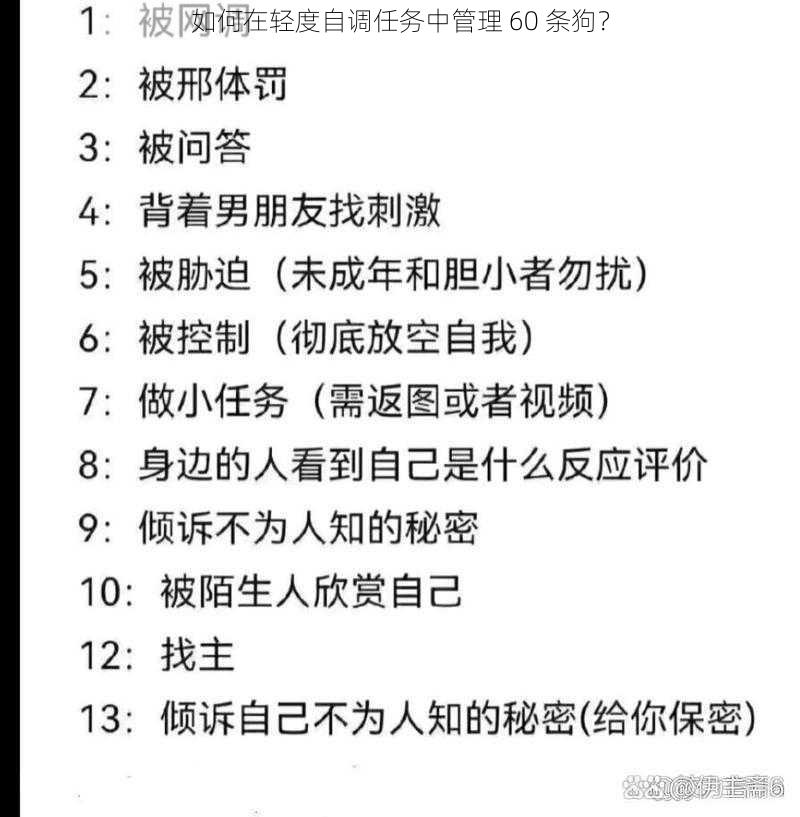 如何在轻度自调任务中管理 60 条狗？