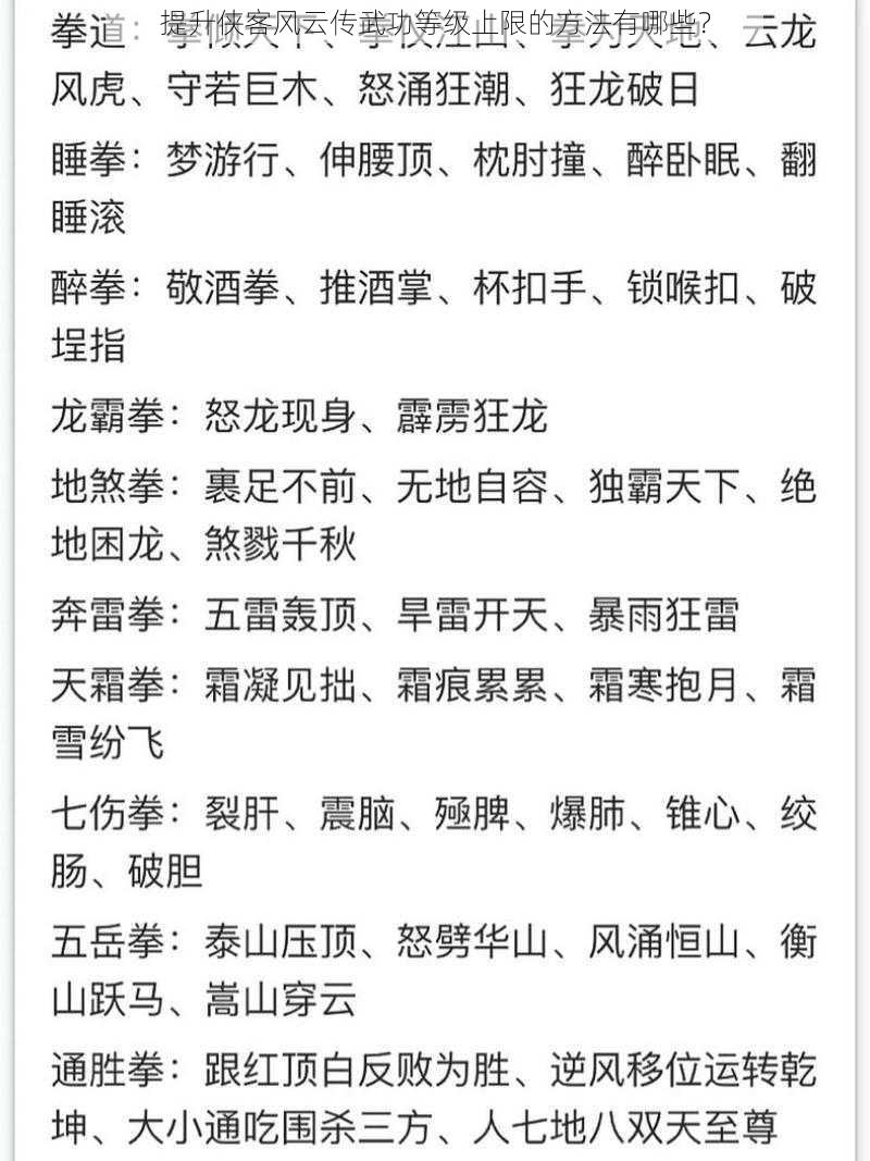 提升侠客风云传武功等级上限的方法有哪些？